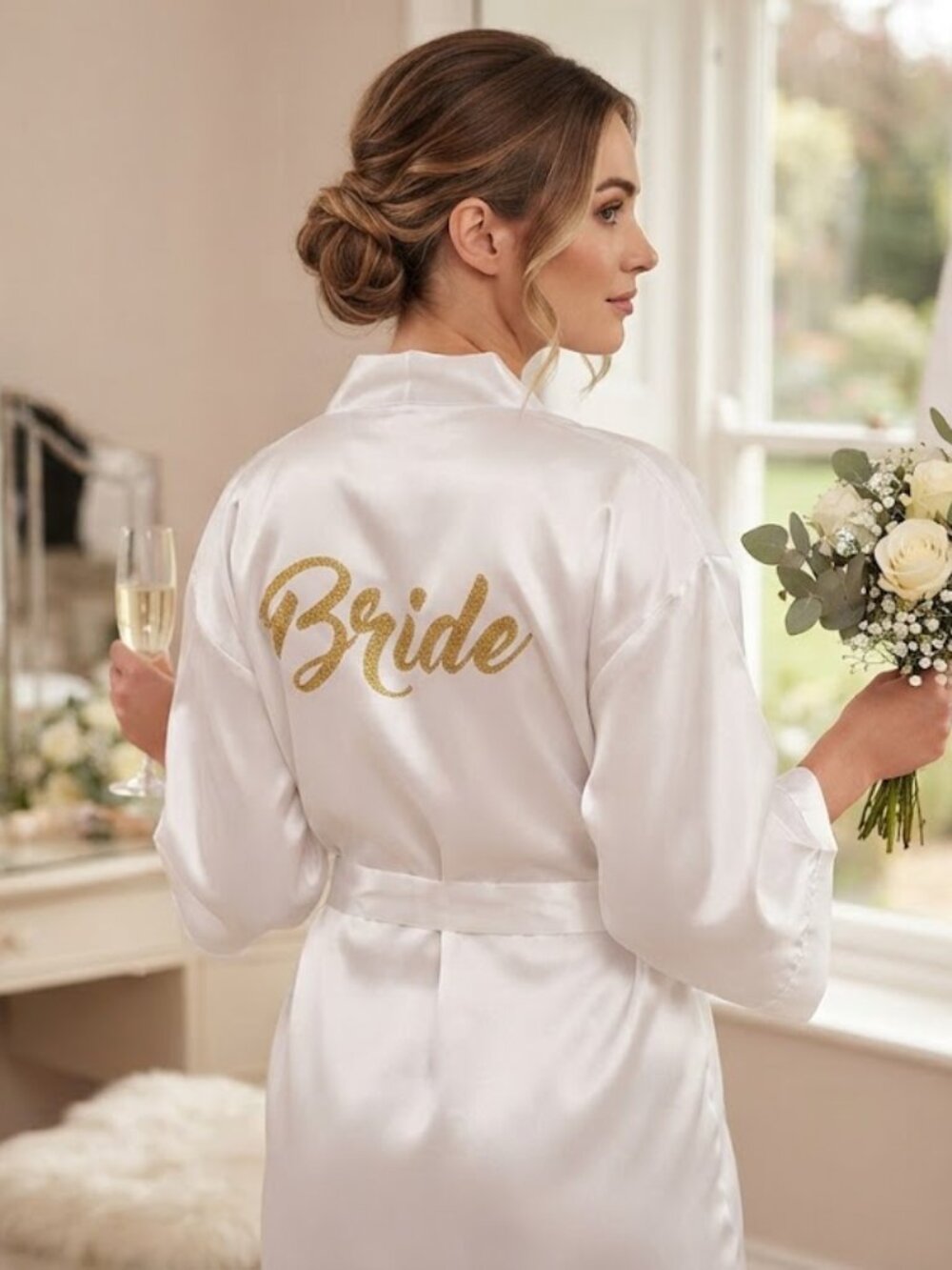 Bride Robe Kimono White Gold Glitter Satin Medium